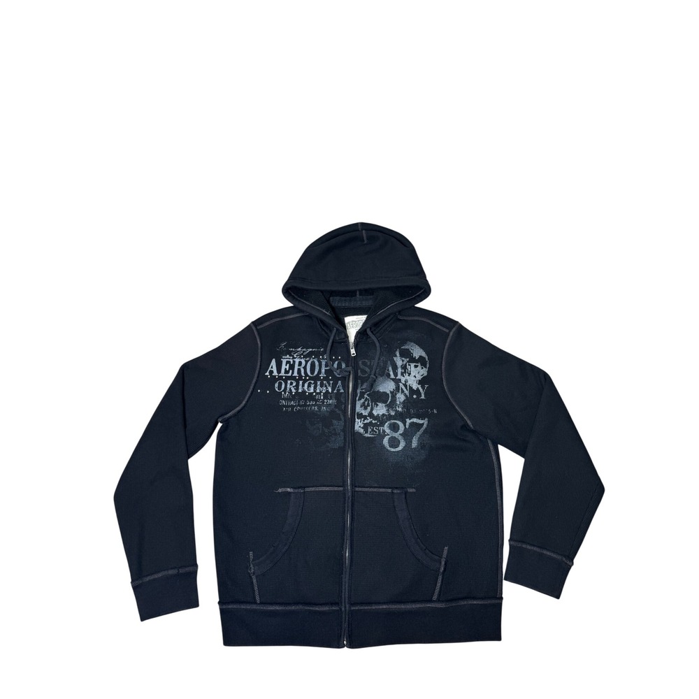 Y2K Aeropostale Hoodie Mens L Black Thermal Hoodie Waffle Skull Grunge Mall Goth